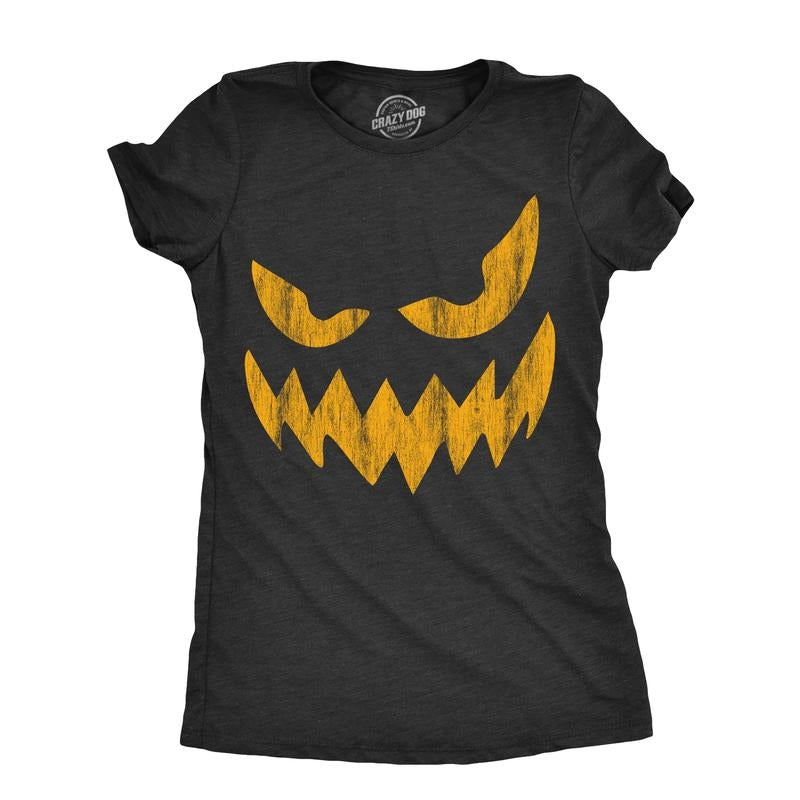 Womens Wavy Mouth Wayne Pumpkin T Shirt Funny Halloween Jack O Lantern Terrifying Smile Tee For Ladies Funny Womens T...