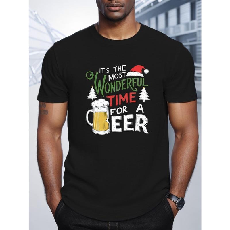 Wonderful Time for a Beer" Men's T-Shirt - Casual Short Sleeve, Polyester, Geometric Print, Round Neck