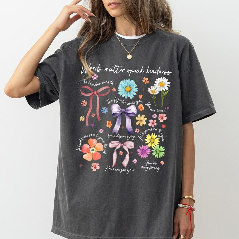 Words Matter Speak Kindness Comfort Colors Shirt, Kindness T-shirt, Coquette Graphic Tee, Boho Clothing, Wildflower...