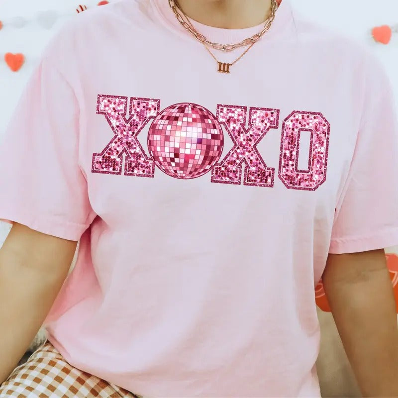XOXO Faux Sequin Disco Ball Valentine's Day Sweatshirt, Retro Love T-Shirt, Trendy Valentine's Crewneck Unisex Hoodie