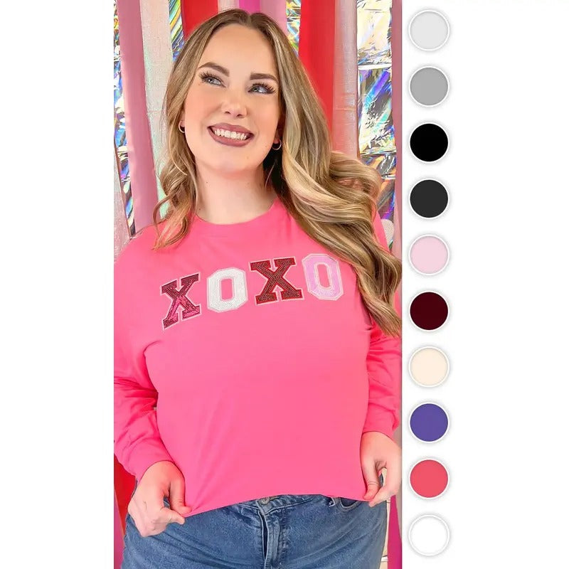 XOXO Sequin Valentine Graphic Long Sleeve T-Shirt Hoodie, Sweatshirt | TeeBloomCo.com