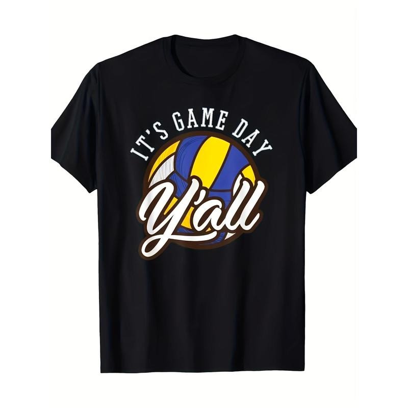 Y'all- Volleyball Pattern Print T-shirt, Men's Fashion Trend Round Neck Short Sleeve T-shirt, Comfortable And Breathable,...