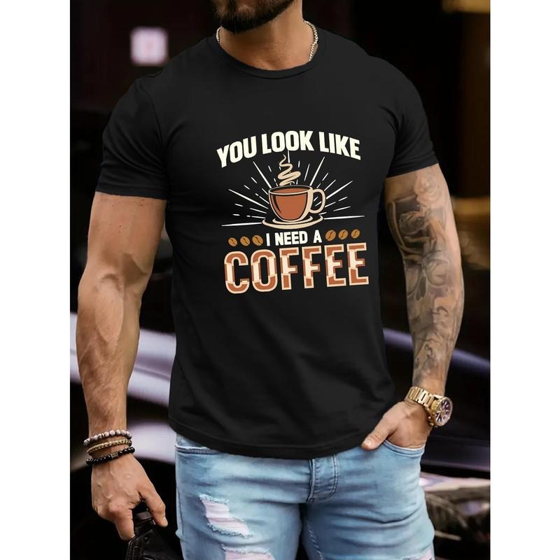 'YOU LOOK LIKE COFFEE' Print Men's Graphic T-Shirt, Breathable Comfy Short Sleeve Casual Tee For Summer Made in USA...