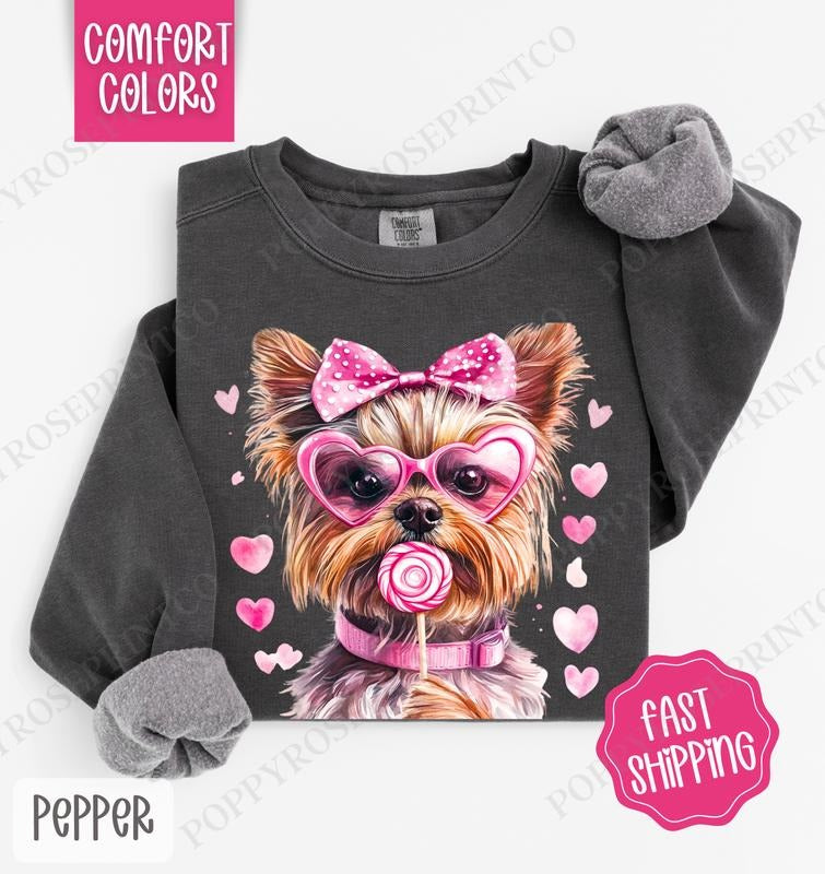 Yorkie Valentine Sweatshirt Comfort Colors, Dog Valentine's Day Women's Crewneck, Cute Women's Sweater T-Shirts, Hoodie