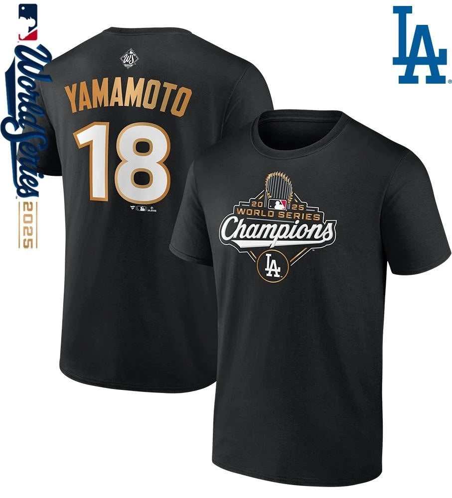 Yoshinobu Yamamoto Los Angeles Dodgers 2025 World Series Champions Name & Number T-Shirt
