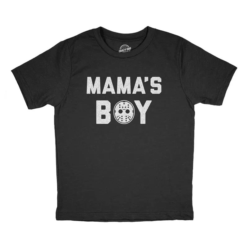 Youth Mama's Boy T Shirt Funny Halloween Horror Movie Hockey Mask Graphic Tee Funny T Shirts Halloween Tops for Kids...