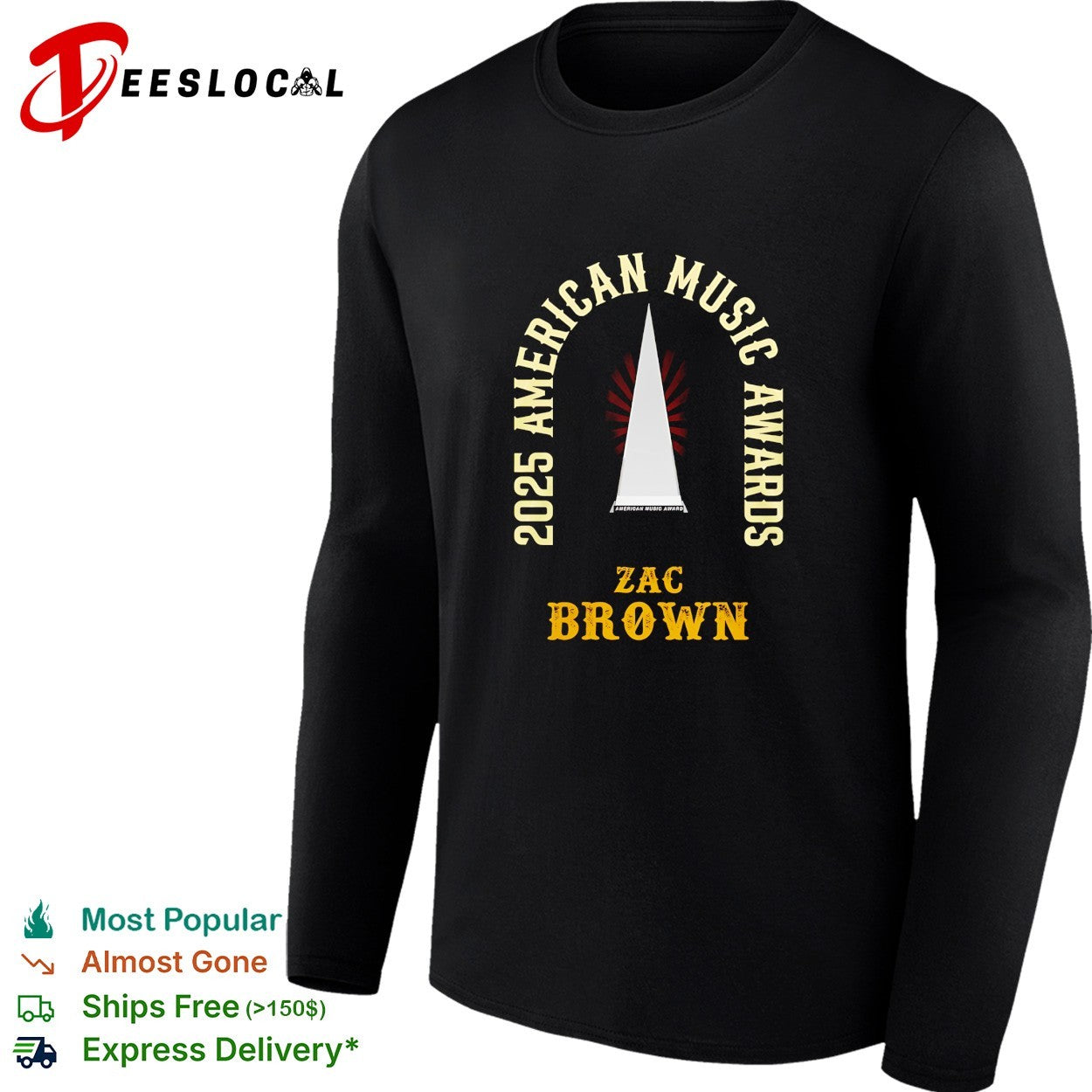 Zac Brown 2025 American Music Awards trophy black and gold typography shirt