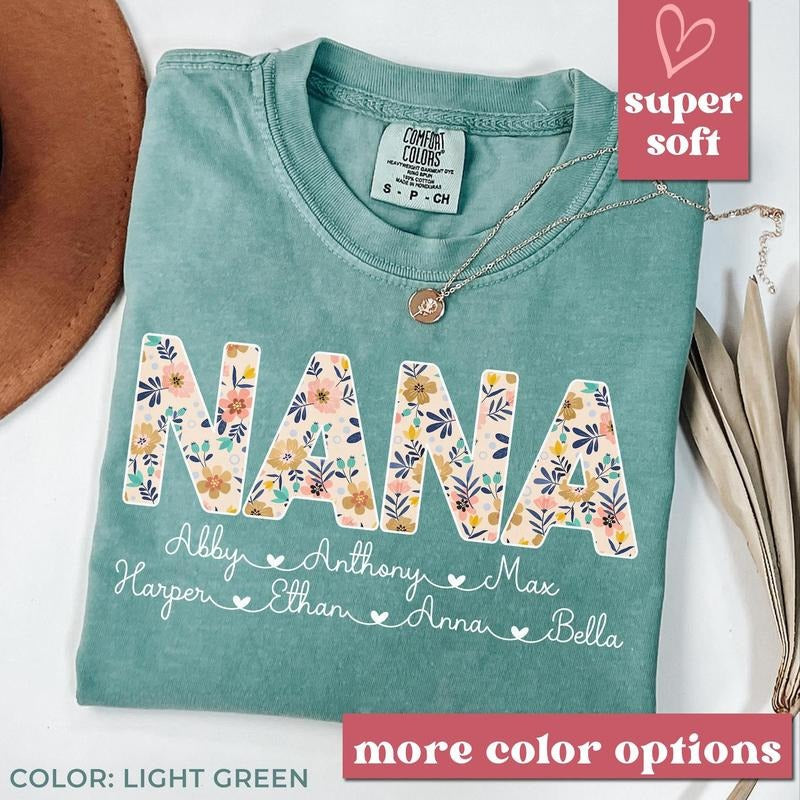 comfort color custom Personalized Nana Shirt with Grandkids Names,Floral Nana T-Shirt,Mimi Gifts,Mother's Day...