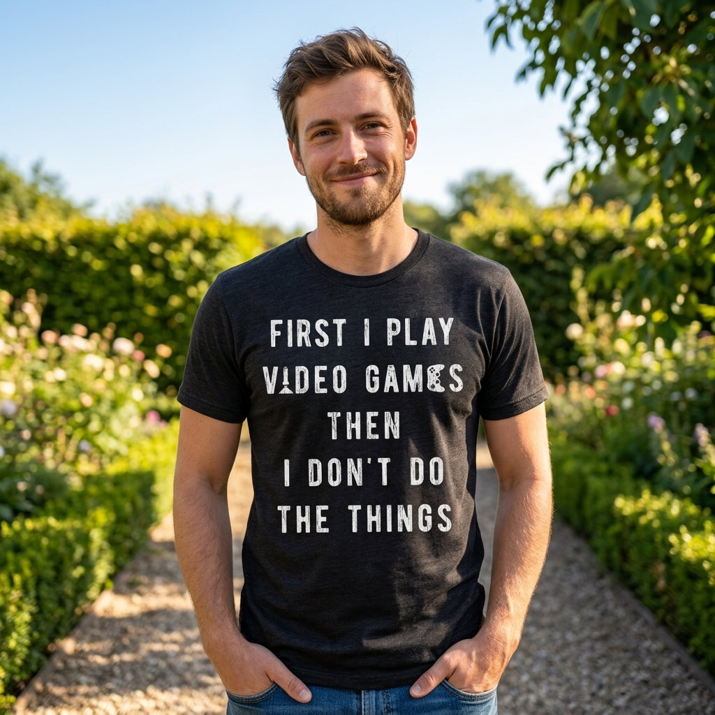 Mens First I Play Video Games Then I Dont Do The Things T Shirt Funny Lazy Gamer Tee for Guys