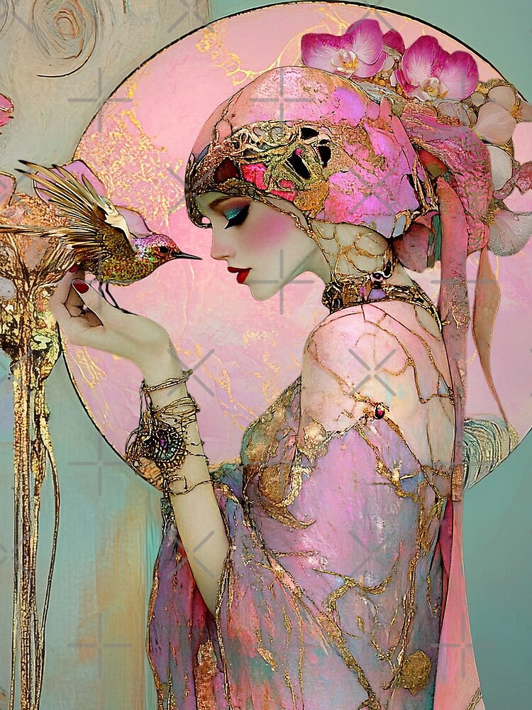Pinky Bird - Surrealist fairycore art with an Art Deco Twist by Demeters Spring