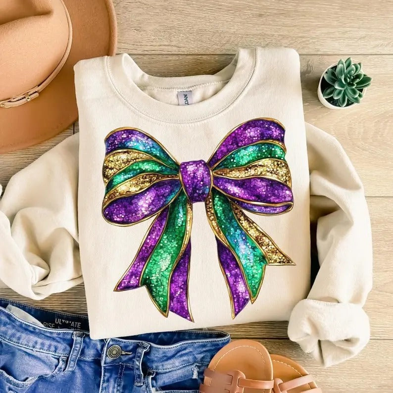 Mardi Gras Bow Sublimation T-Shirt/sweatshirt/hoodie, Coquette Bow Mardi Gras Shirt, Mardi Beads Louisiana Festival...