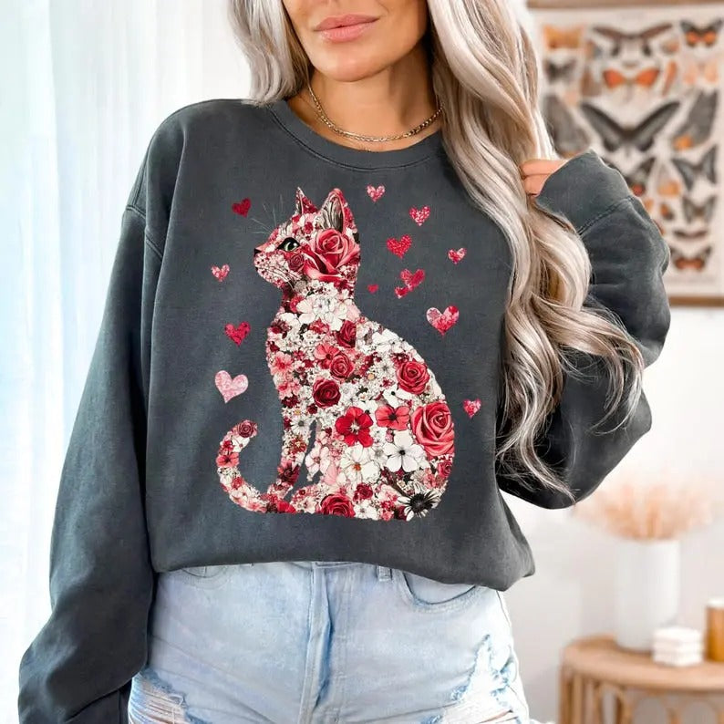 Valentine Cat T-Shirt/sweatshirt/hoodie, Valentine sweatshirt, Heart Love Cat Valentine hoodie Trendy Valentine...