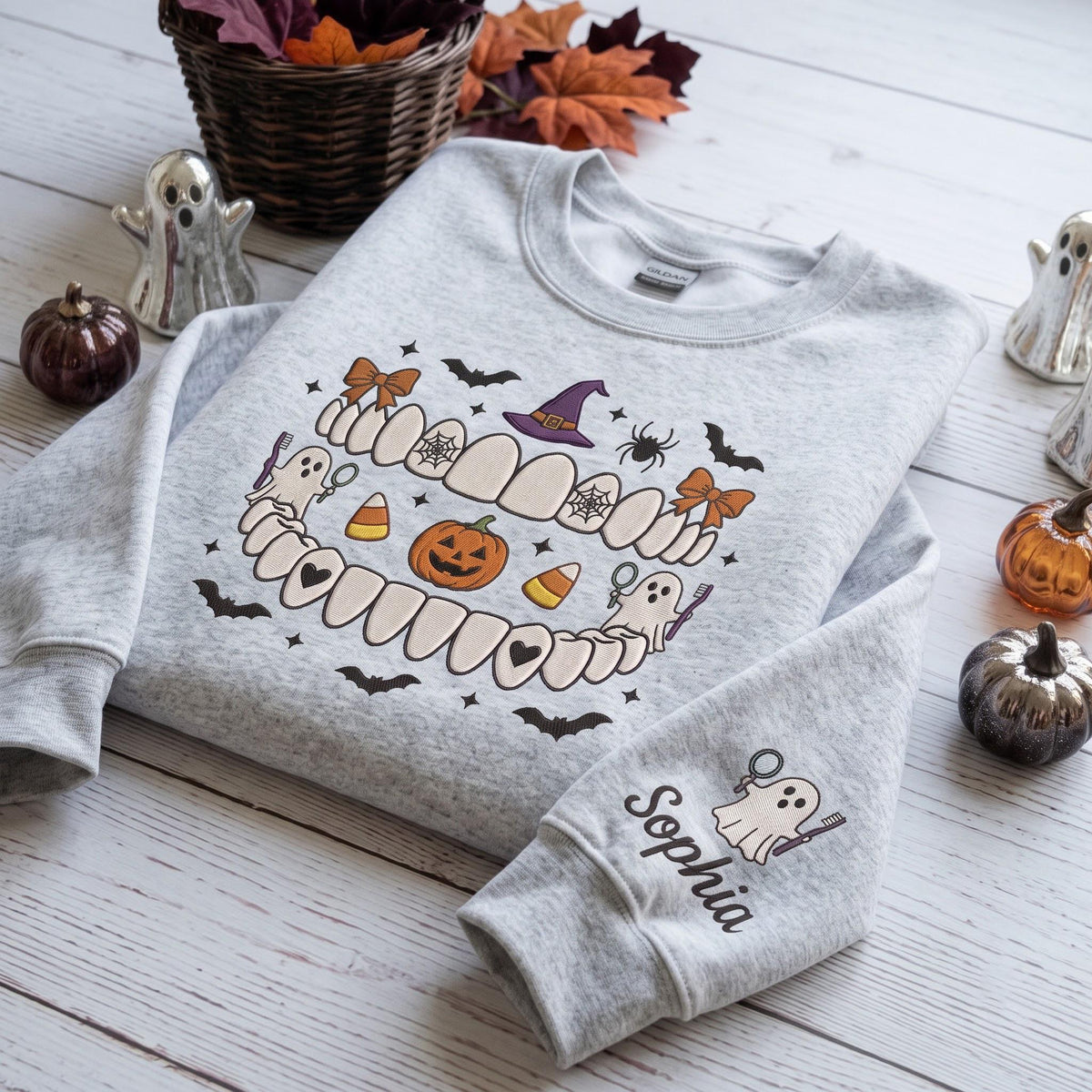 Custom Name Dental Faux Embroidery Dentist Spooky Halloween Tooth Dental Hygienist Ghost Dentistry (4)