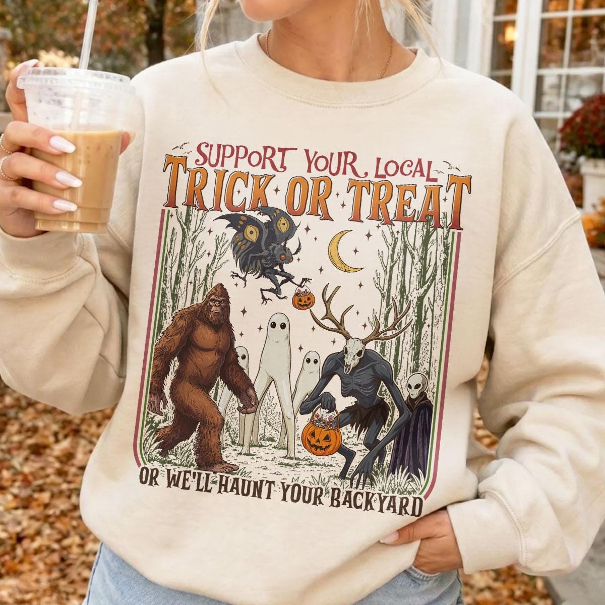 Halloween Cryptid Support Local Trick Treat Retro Fantasy Creatures Tee Spooky Season (4)