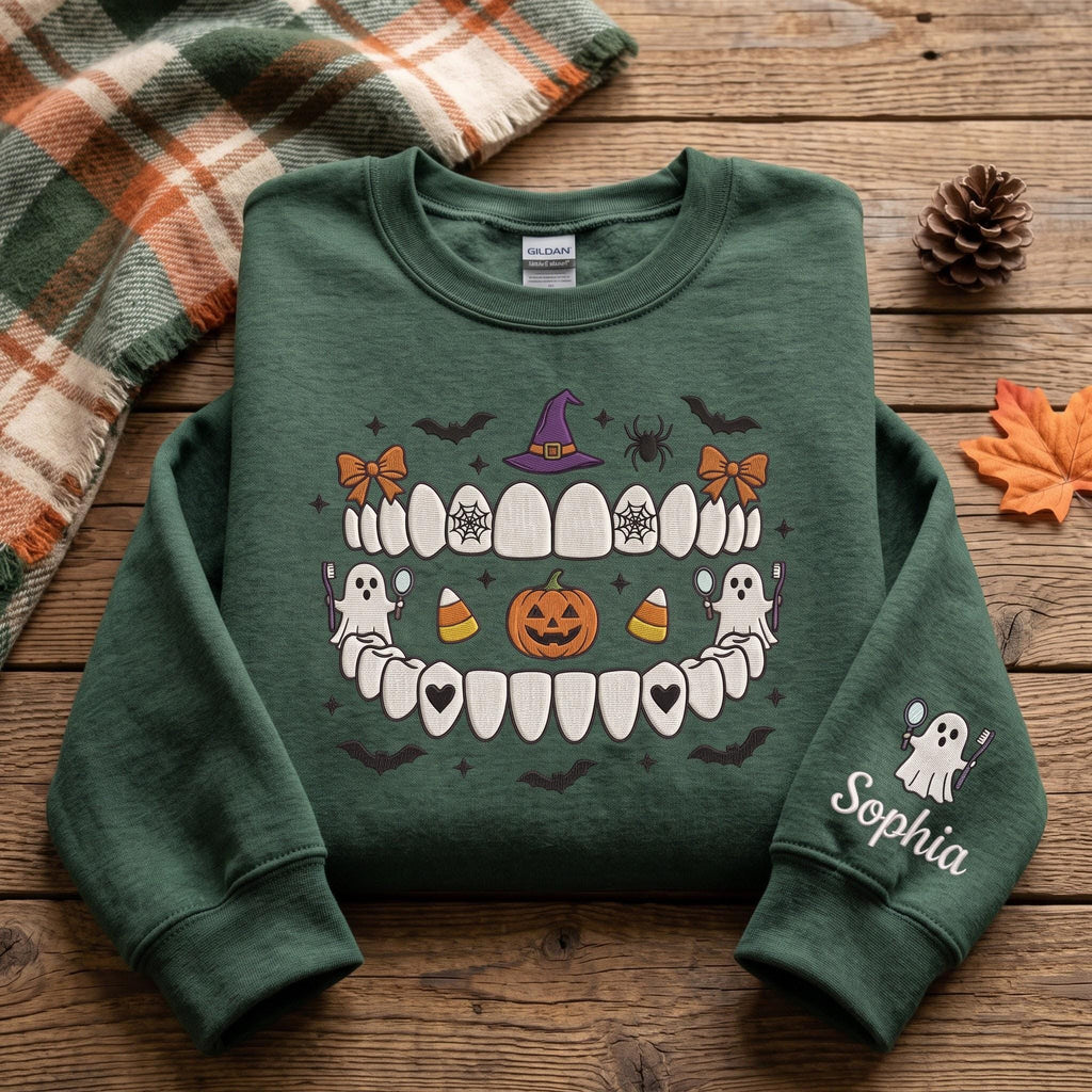 Custom Name Dental Faux Embroidery Dentist Spooky Halloween Tooth Dental Hygienist Ghost Dentistry (1)