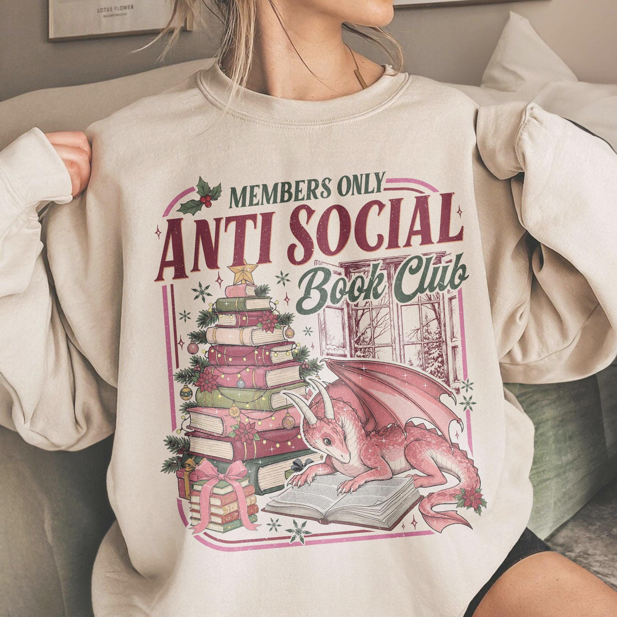 Anti Social Book Club Christmas Dragon Book Lover Fantasy Bookworm Holiday Sweater Retro Reader (1)