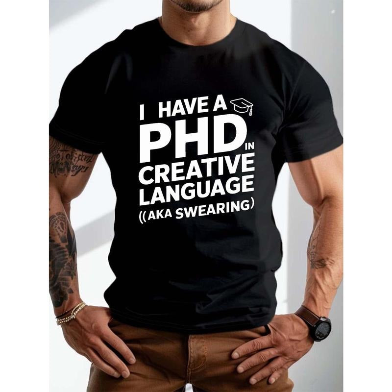 plus size men's summer t-shirt, Creative Language PhD graphic print short sleeve tees trend casual tops for daily life,...
