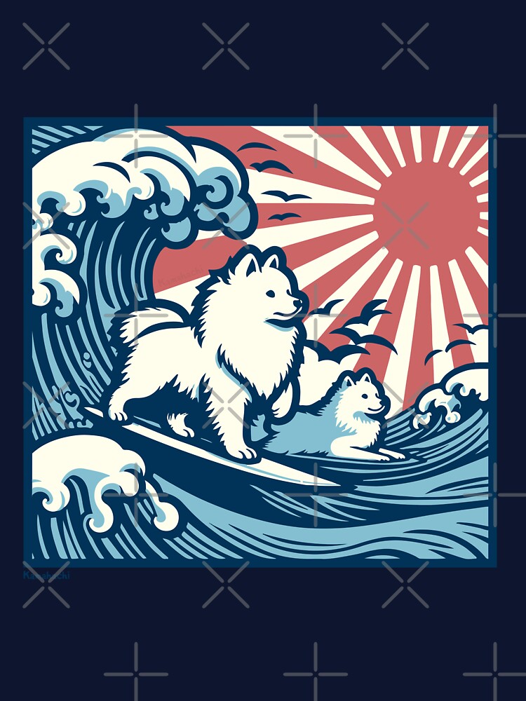 Japanese Spitz Dogs surfing the Great Wave - JDM by kamahachi