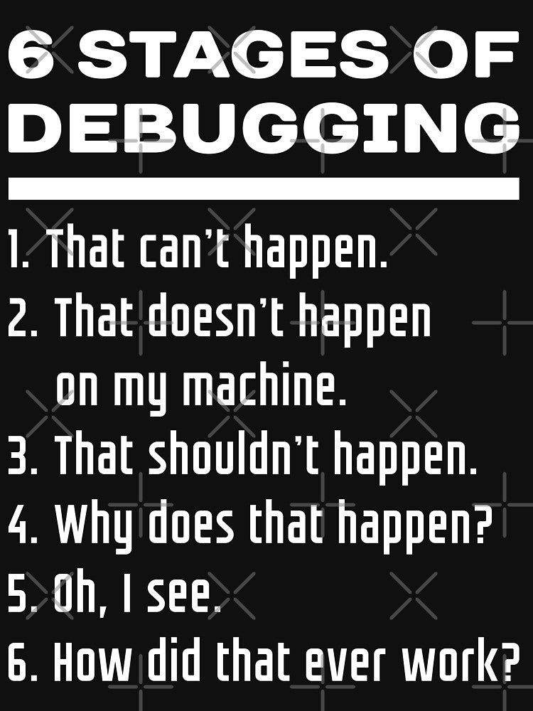 Six Stages of Debugging Funny Software Development Design White Text by ramiro