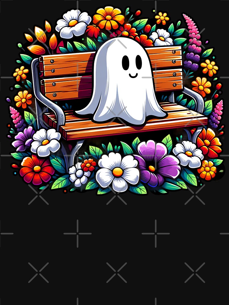 Cute Ghost Sitting on Park Bench, Flower Garden Summer Vibes by madtoyman