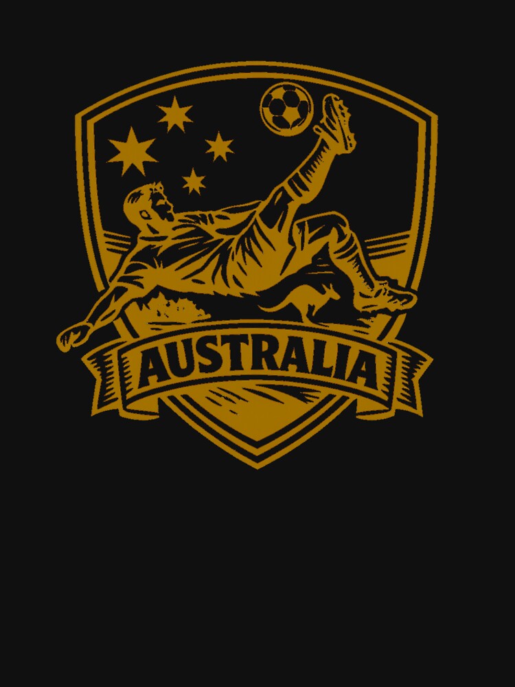 Australia Soccer Crest Shirt – Gold Football Bicycle Kick Design with Kangaroo & Southern Stars by JonelCrafts