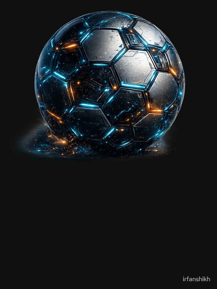Neon Tech Futuristic Soccer Ball Blue Orange Glow – Sci Fi Football Art | Soccer Fan Gift by irfanshikh