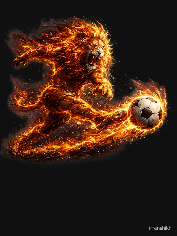 Fierce Fire Lion Kicking Soccer Ball – Dramatic Flame Football Fantasy Art | Soccer Fan Gift by irfanshikh
