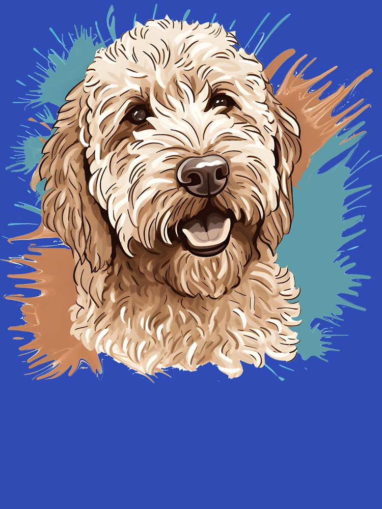 Cream Colored Labradoodle with Blue and Tan Paint Splatters by PoodleDoodles4U