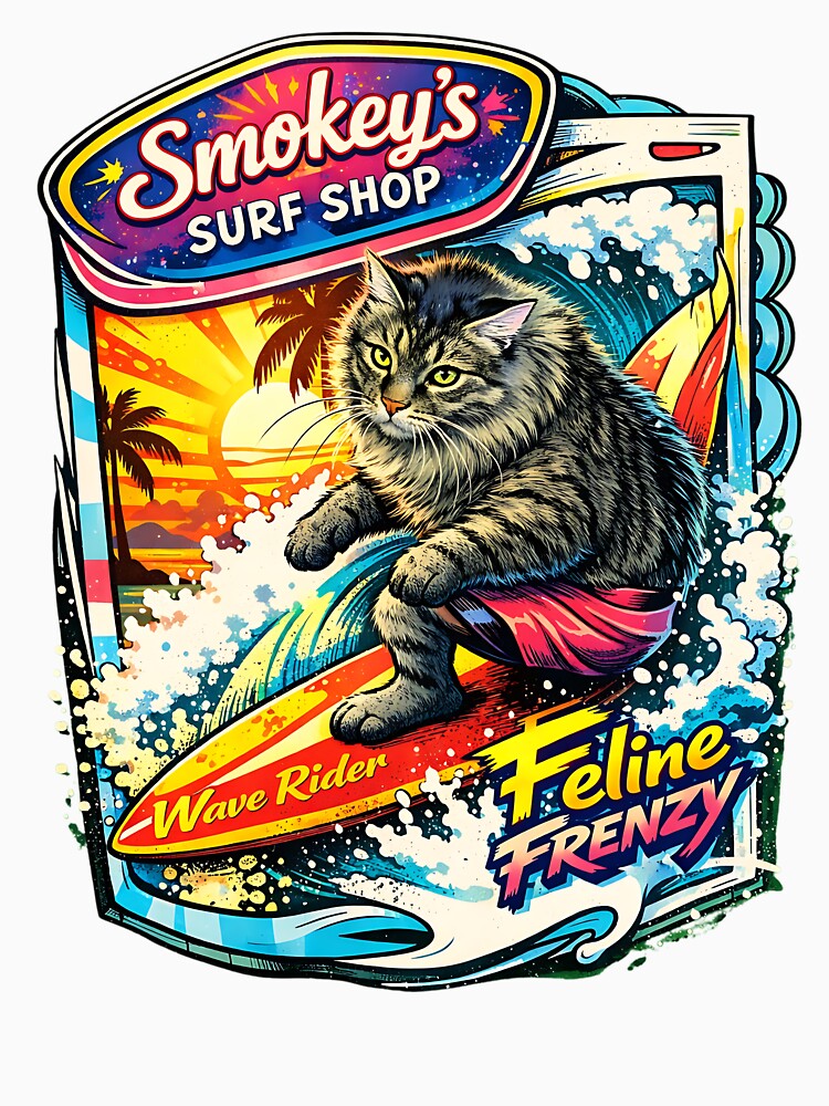 Smokey’s Surf Shop Cat Surfer Wave Rider Retro Poster Vibrant Coastal Vibes by Thread-Riot