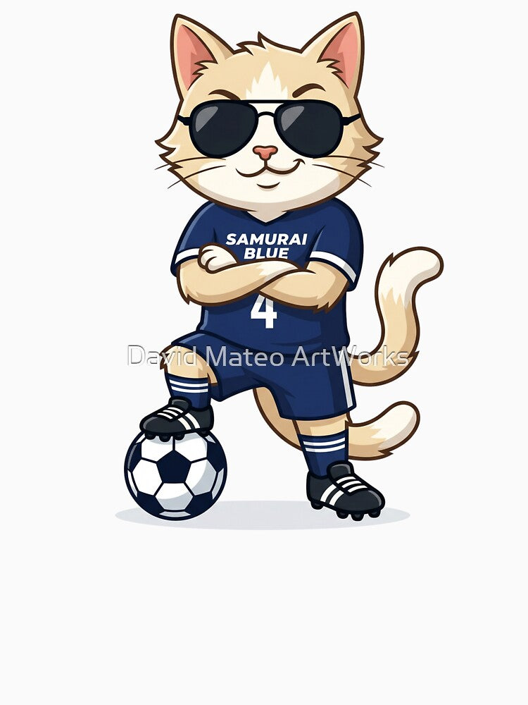 Japan Soccer Cat Cool Pose — Samurai Blue Number 4 Cartoon by David Mateo ArtWorks