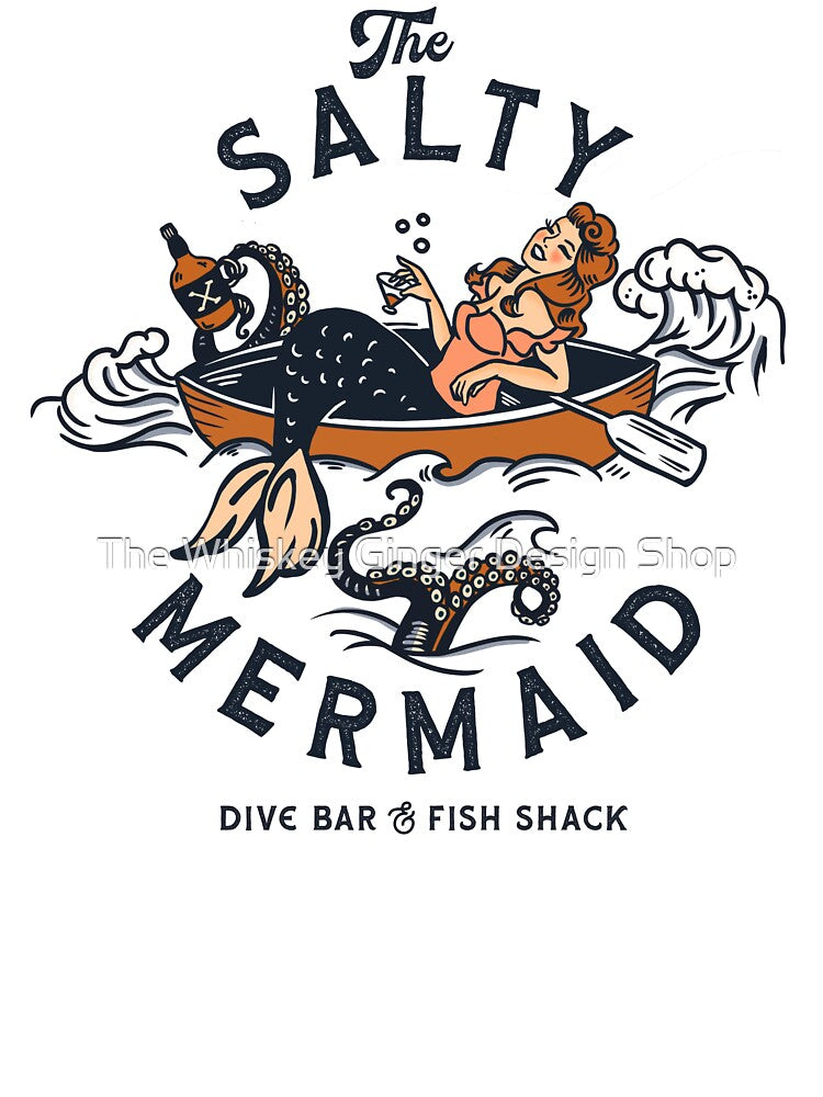"The Salty Mermaid Dive Bar & Fish Shack" Cool Retro Mermaid Travel Design by The Whiskey Ginger Design Shop