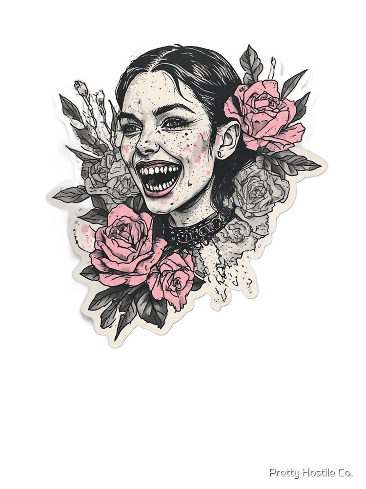 Vampire Woman with Flowers – tattoo style Sticker by Pretty Hostile Co.