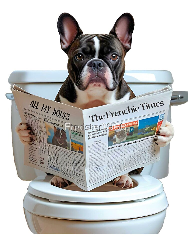 Funny French Bulldog on Toilet Reading Newspaper – Dog Humor Design by Fredster1966
