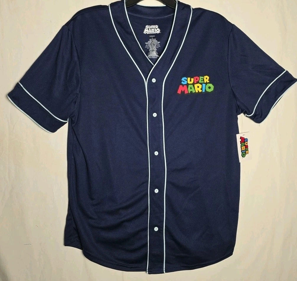 Super Mario ~ Baseball Jersey Shirt ~ Blue Adult / Boys Nintendo NES Cartoon NWT