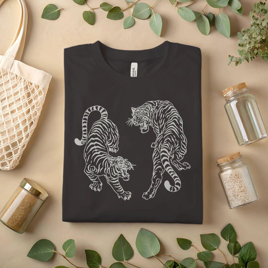 Tiger Fight Graphic T-Shirt – Vintage Japanese Style Two Tigers Print A324