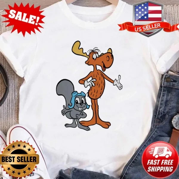 Rocky and Bullwinkle Cartoon T-Shirt Moose & Squirrel Unisex Tee, Size S-5XL