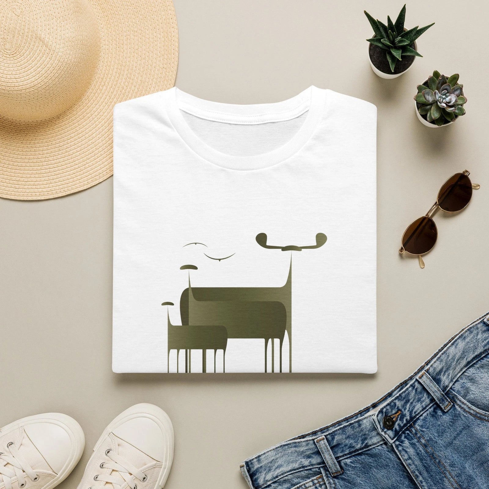 Minimalist Moose Art T-Shirt | Abstract Green Woodland Graphic