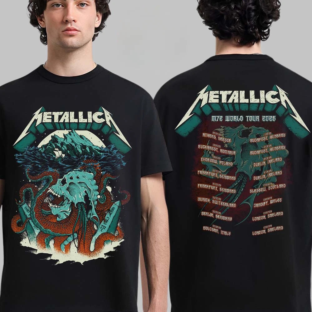 New!! Metal 1ica Rock Band Kraken Skull Head With Dates Back T-Shirt Reprint