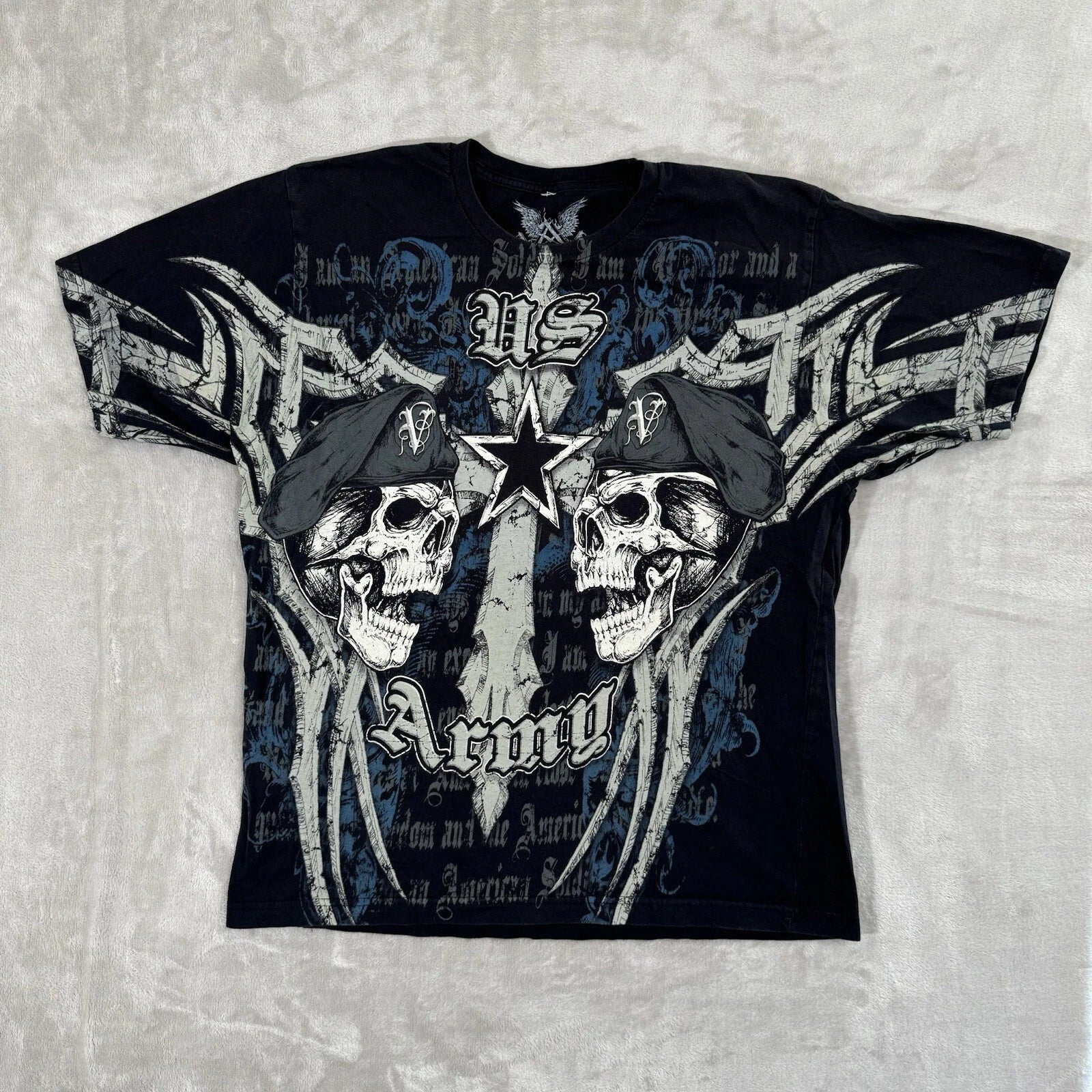 Vintage Y2K APPRIME US Army T-Shirt Mens XL Black Grunge AOP Graphic Affliction