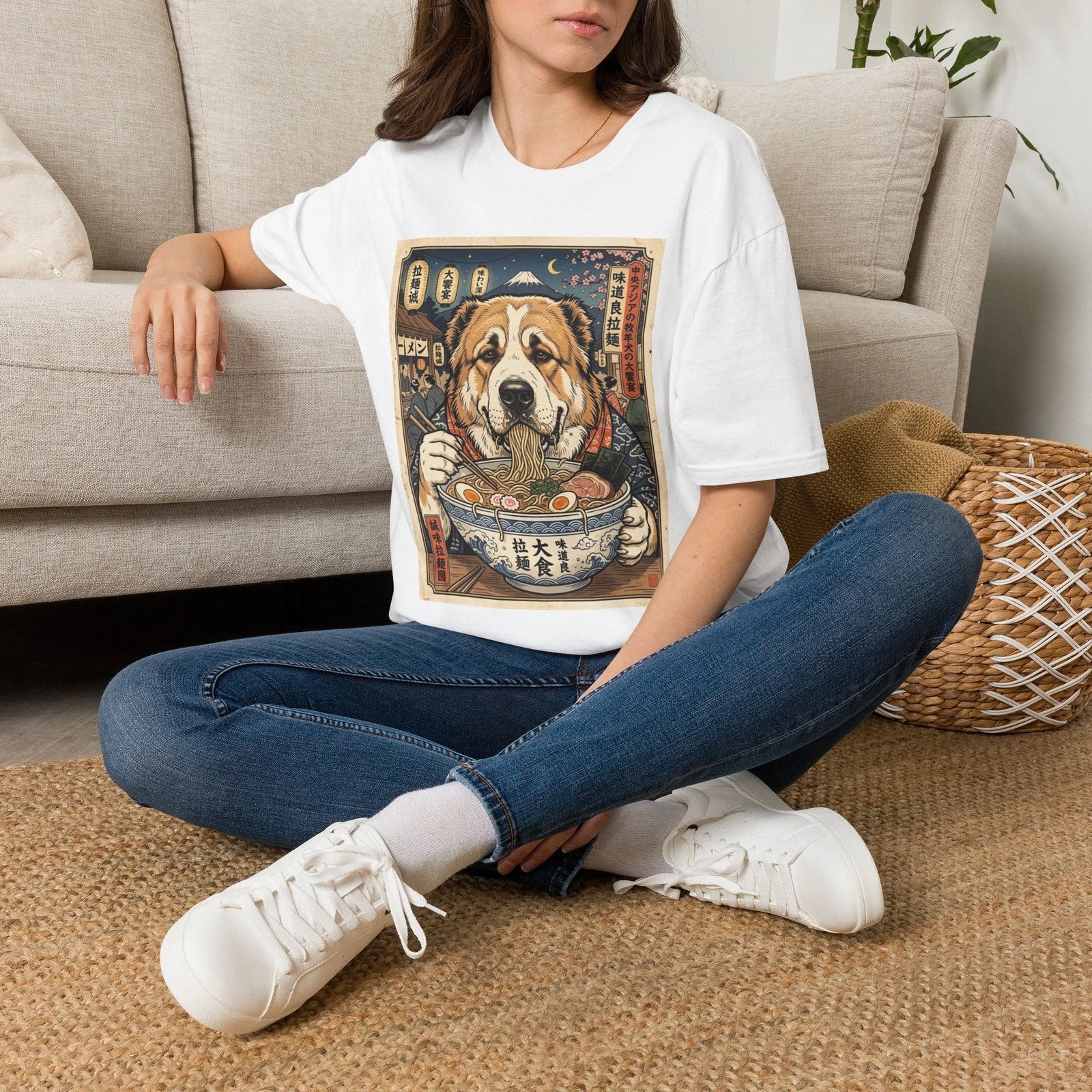 Central Asian Shepherd Ramen Illustration T-Shirt | Japanese Foodie Dog Art