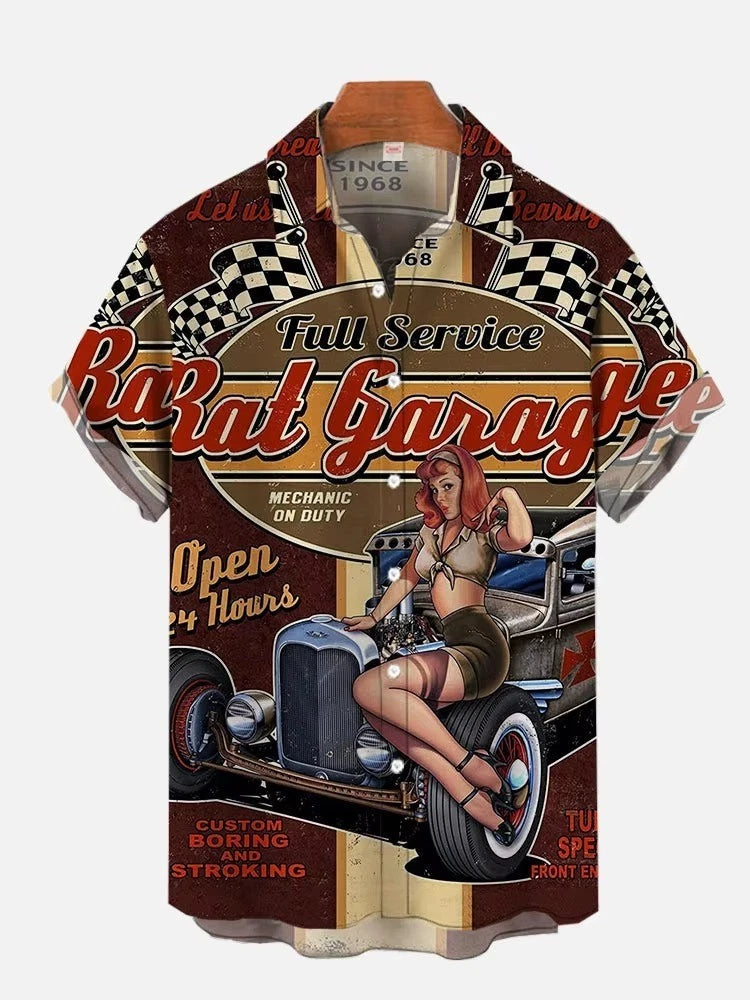 Mens Button Down Pinup Girl Garage Graphic Hawaiian Top Novelty Holiday Shirt