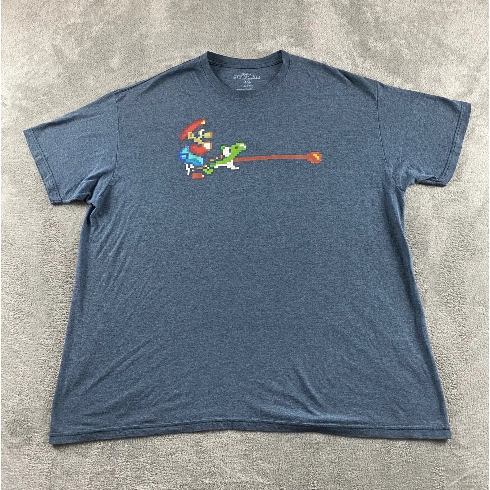 Super Mario World Mens 2XL Blue Heather Yoshi Pixel Art Graphic T-Shirt Retro