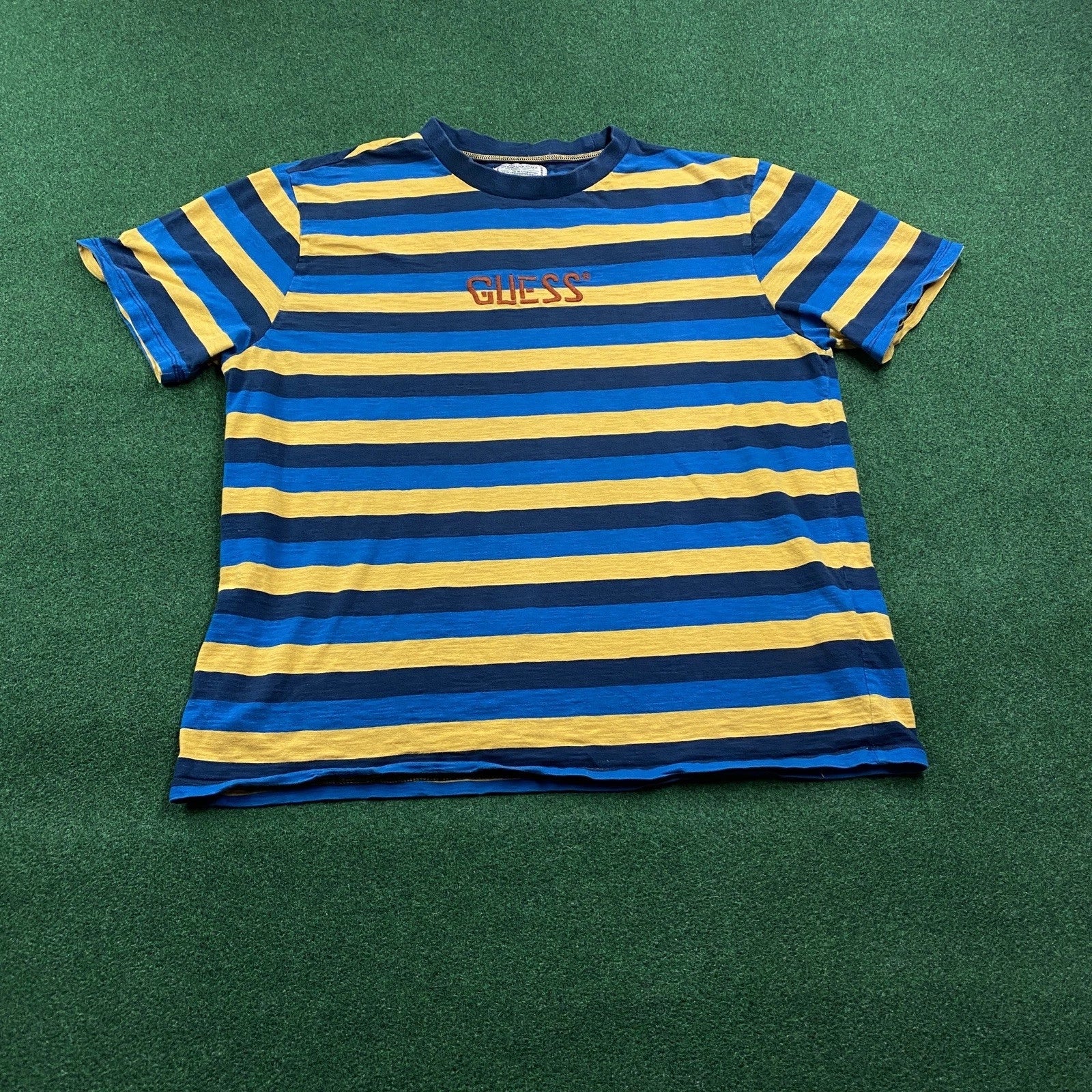 Vintage GUESS Striped Shirt Mens L Blue 90S Y2K Baggy Punk Emo Grunge Tee