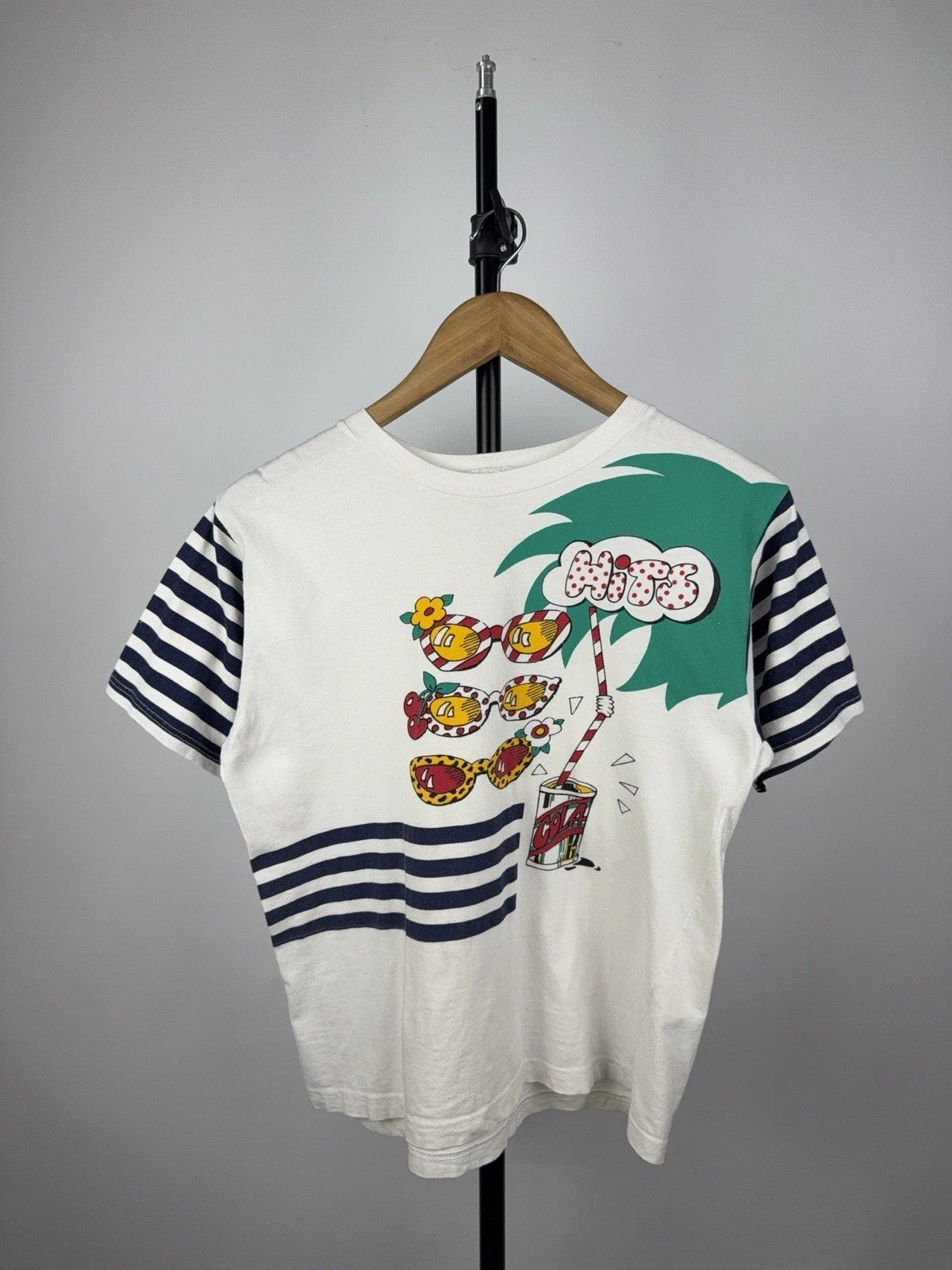 Vintage Striped Pop Art Cola Tee 80s Hits Graphic Shirt Men’s S Size
