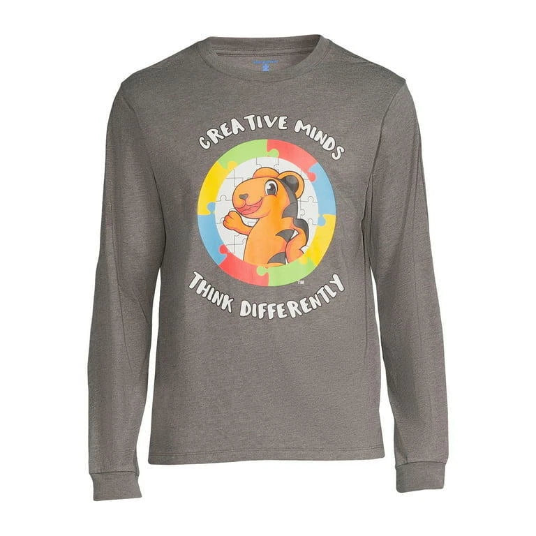 Men Autism Awareness Graphic Tshirt LS Gray Creative Minds Think Differently 2XL