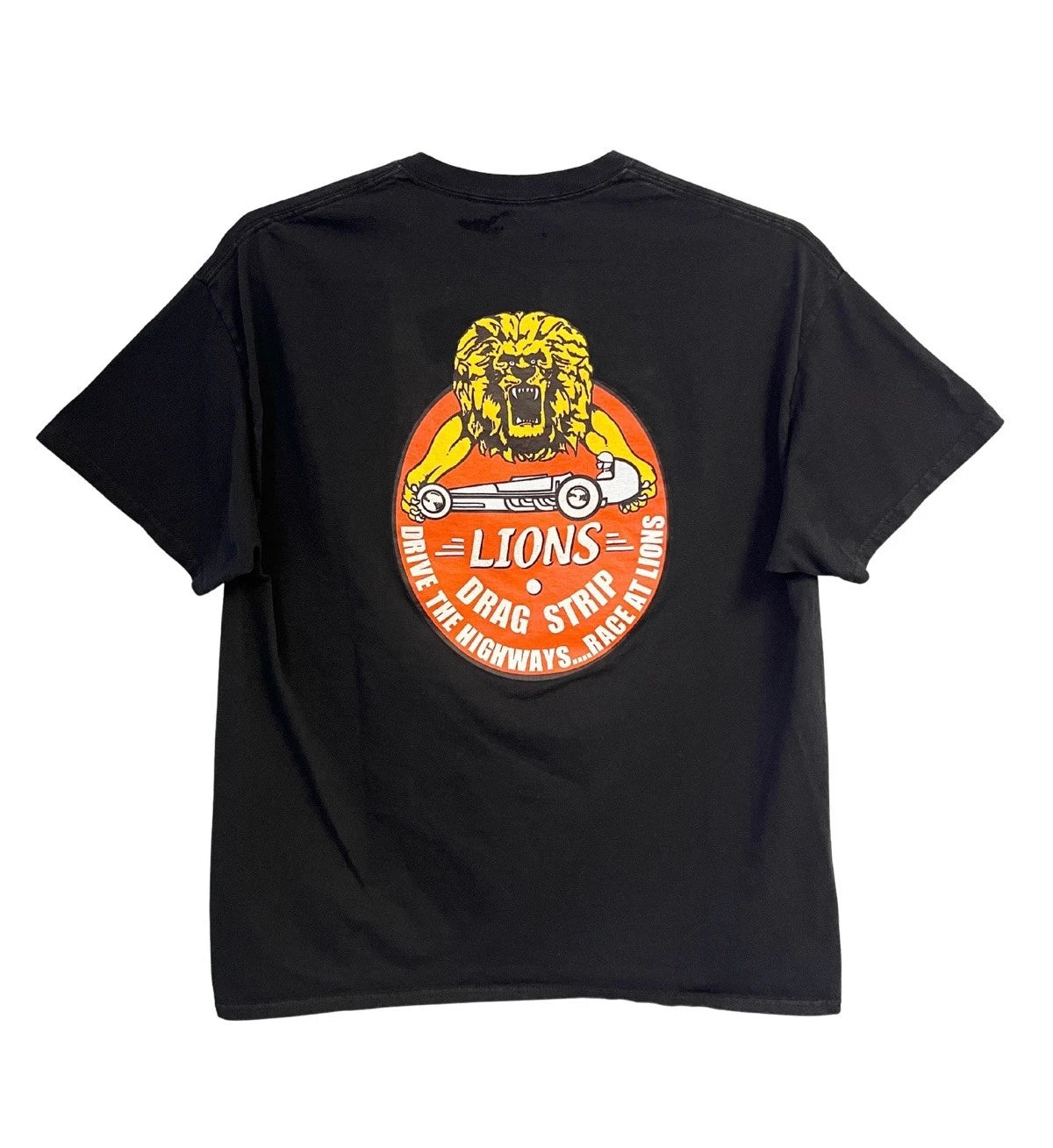 Vintage Y2K Lions Drag Strip Racing T Shirt XL Black Roaring Lion Dragster