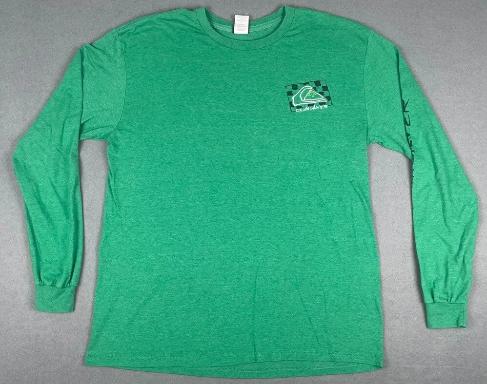 Y2K Quiksilver Long Sleeve Double Sided Logo / Sleeve Graphic Shirt Green XL