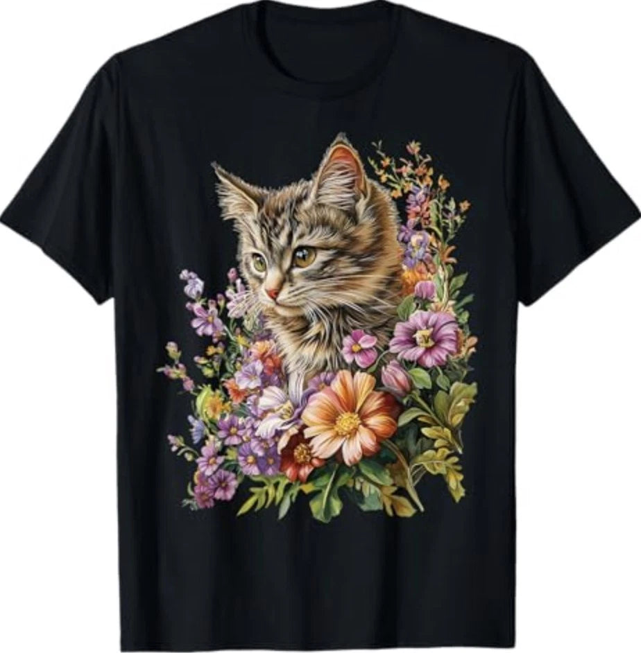 Cat Flower Floral Cute Kitten Graphic T-Shirt