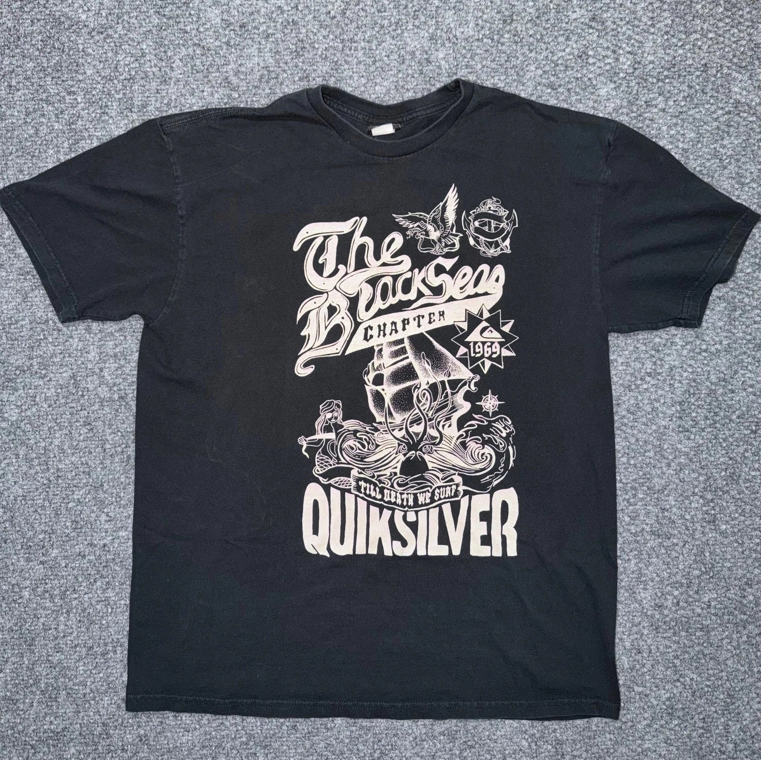 Quiksilver The Black Seas Chapter Till Death We Surf Graphic T-Shirt Y2K Surfing
