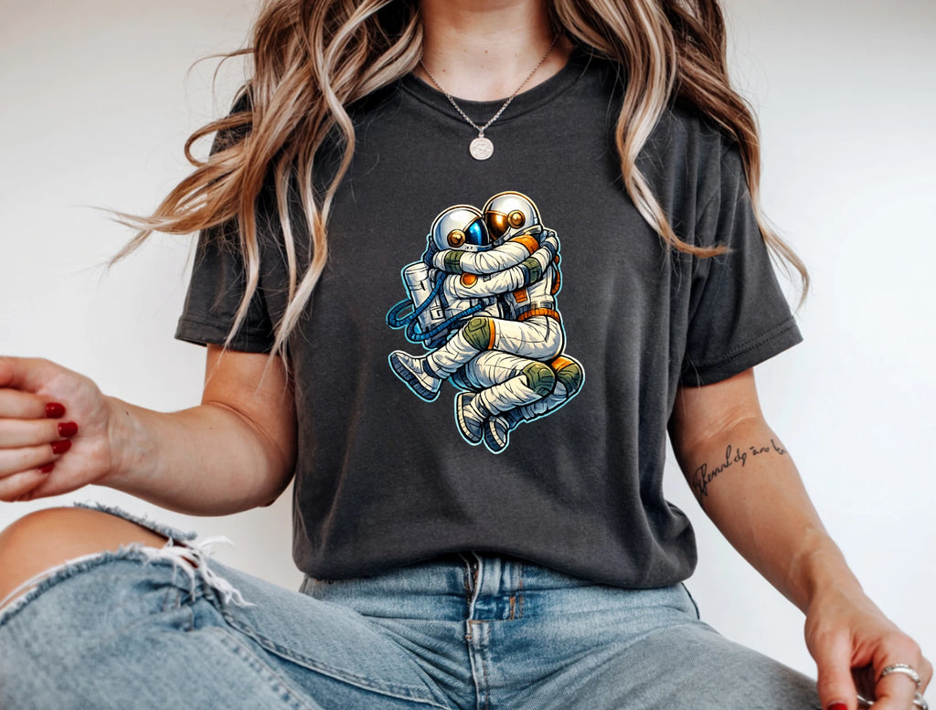 Cute Astronaut Hug T-Shirt Space Love Galaxy Couple Graphic Tee Gift